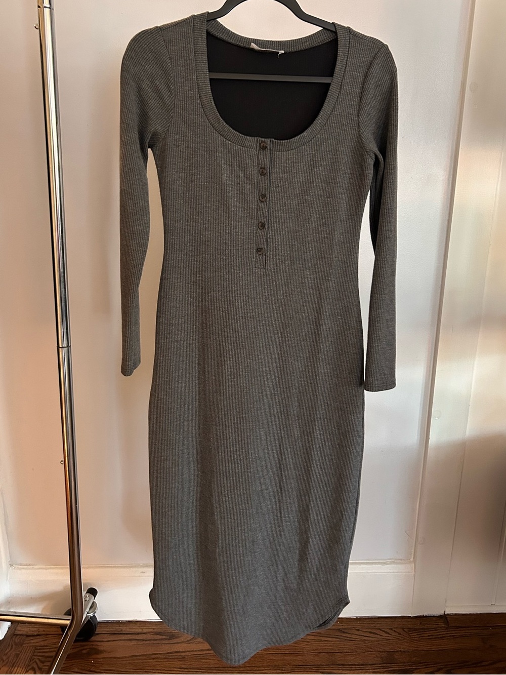 Kaileigh Charcoal Ribbed Henley Long Sleeve Dress